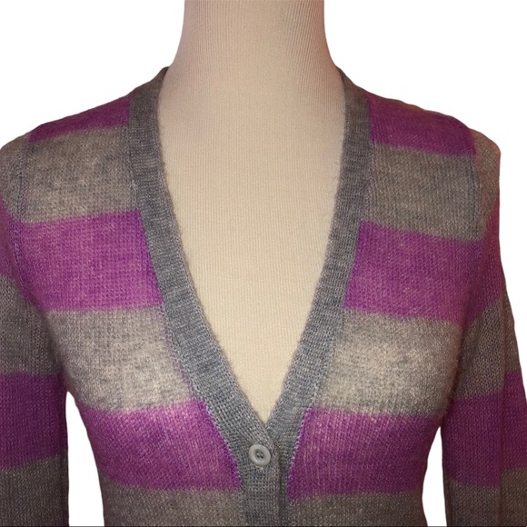 I Love H81 Women's Small Purple & Grey Striped Eyelet Cardigan Sweater - Picture 3 of 8